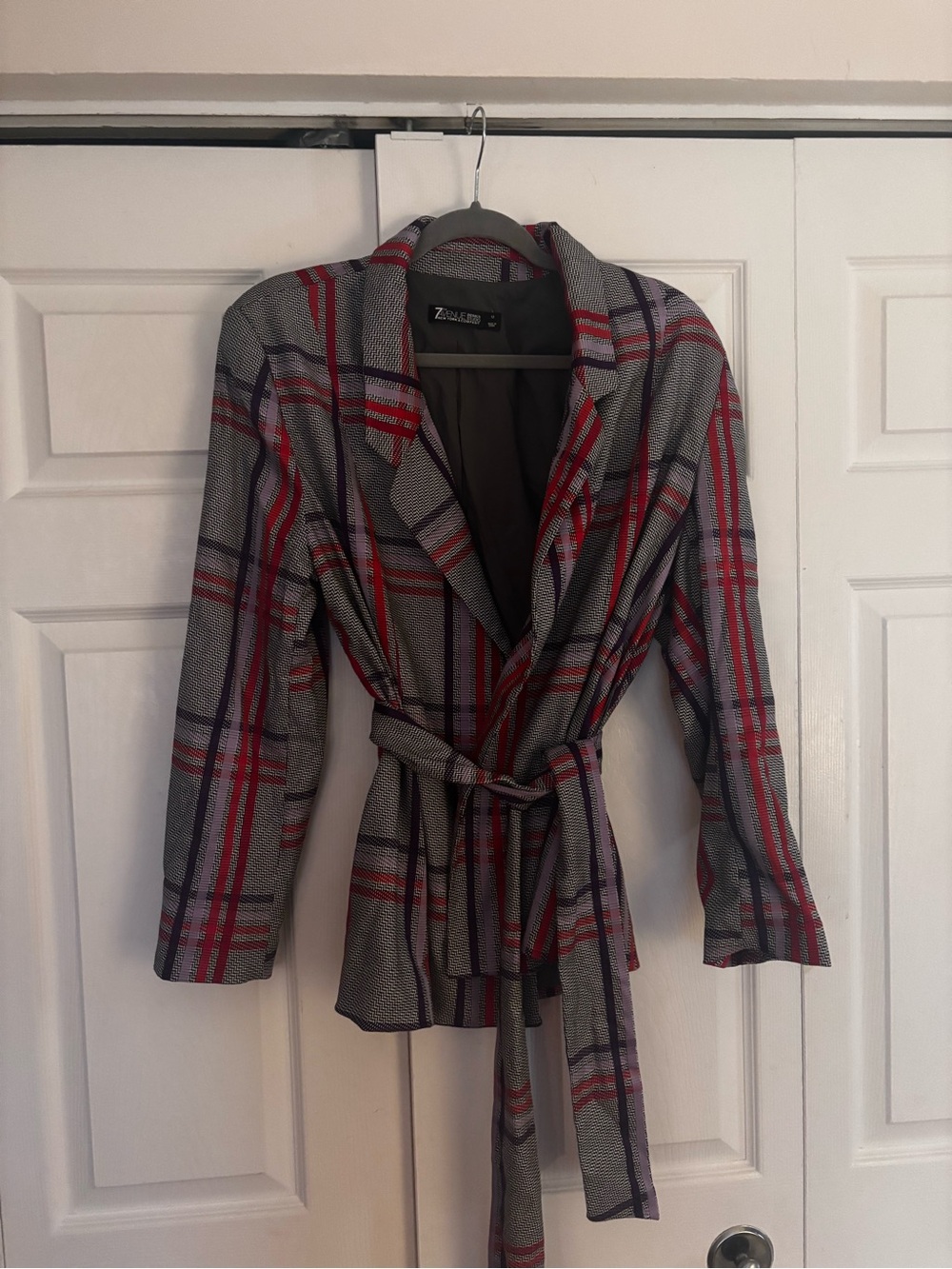 7th Ave New York and Co Plaid Belted Blazer with Red Stripes